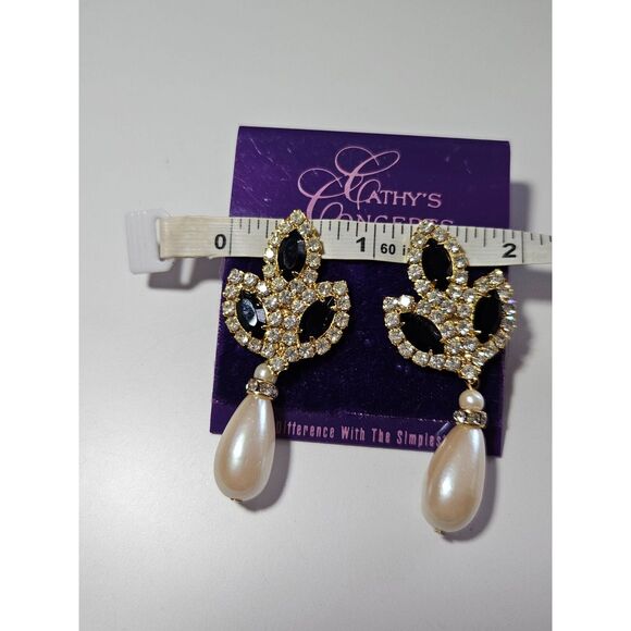 Cathy's Concepts Gold Tone Faux Pearl Black Rhinestone Dangling Earrings - Picture 4 of 9
